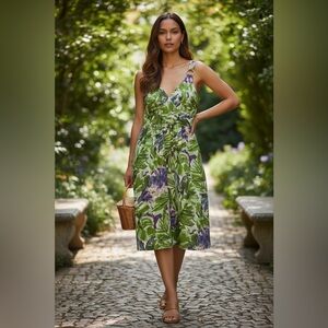 TWEEDS Green Tropical Floral Print Cotton Sundress Dress Sz 12 Lg NEW Resort